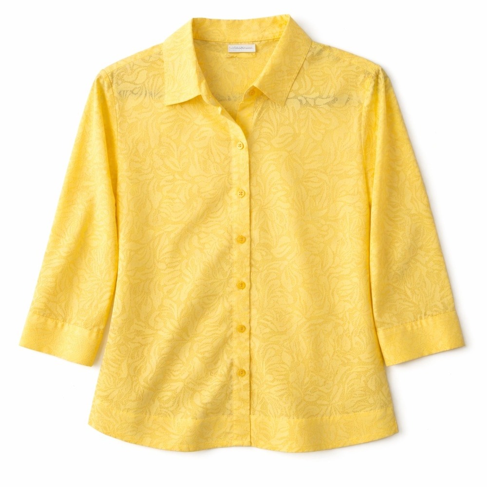 Studio Works Button Front Blouse Petite Yellow Sheer Floral Pattern